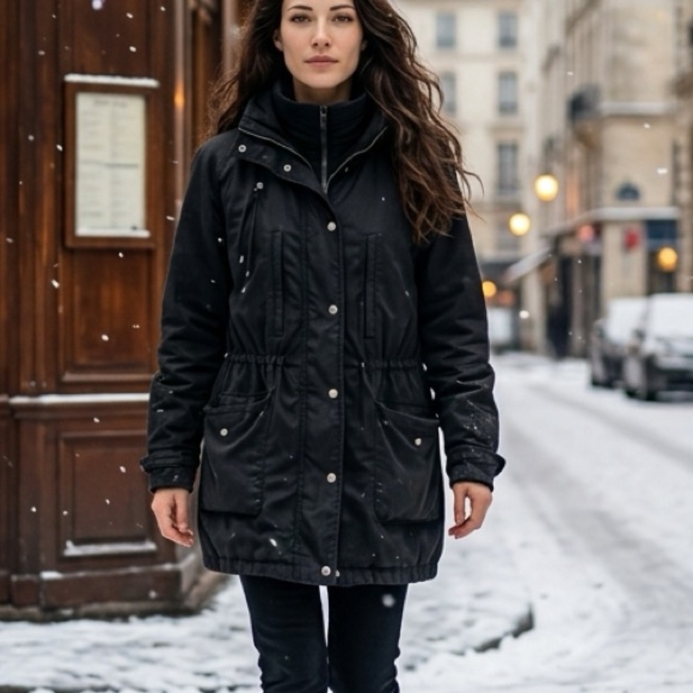 Dkny Black Utility Jacket with Hood and Pockets and Relaxed Fit